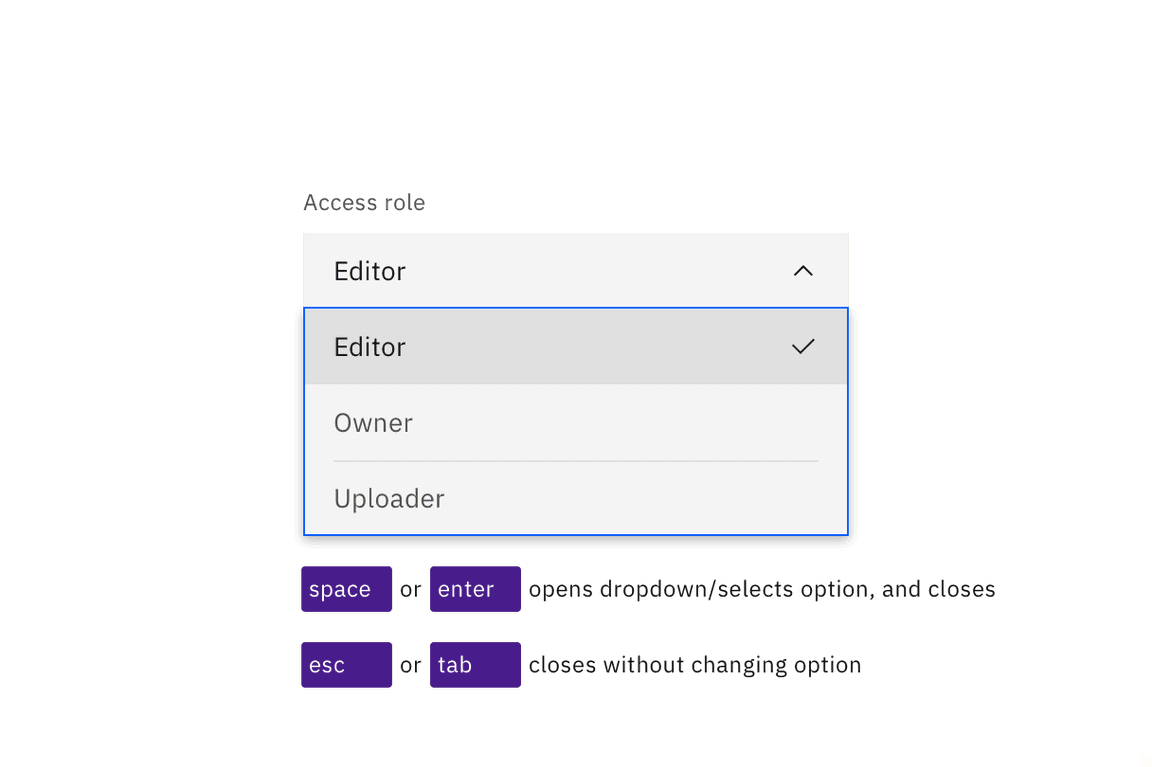Dropdowns are activated and their options selected with Space or Enter keys. Esc closes without changing option Dropdowns are activated and their options selected with Space or Enter keys. Esc closes without changing option
