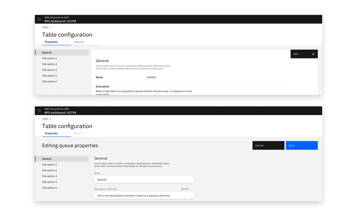 Example of a properties view in reading (top) and editing (bottom) views Example of a properties view in reading (top) and editing (bottom) views