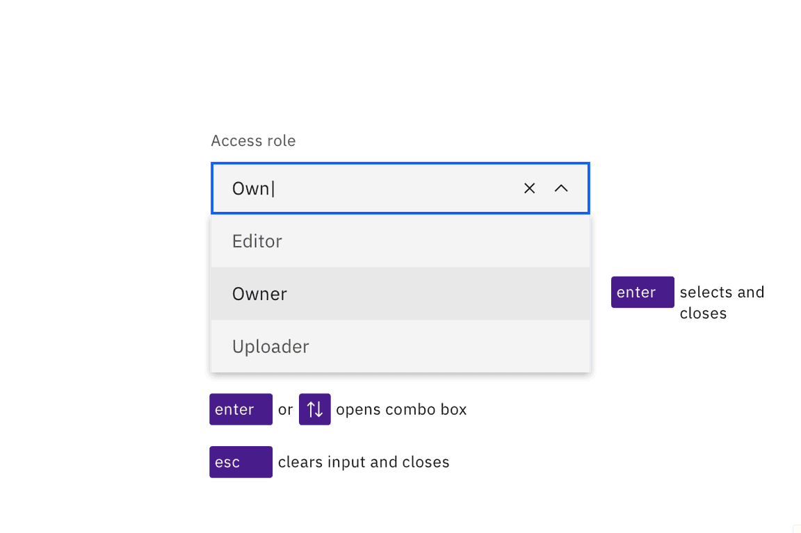 The Enter key opens and selects items in a combo box. Arrow keys can open and navigate the options. Esc clears the input and closes. The Enter key opens and selects items in a combo box. Arrow keys can open and navigate the options. Esc clears the input and closes.